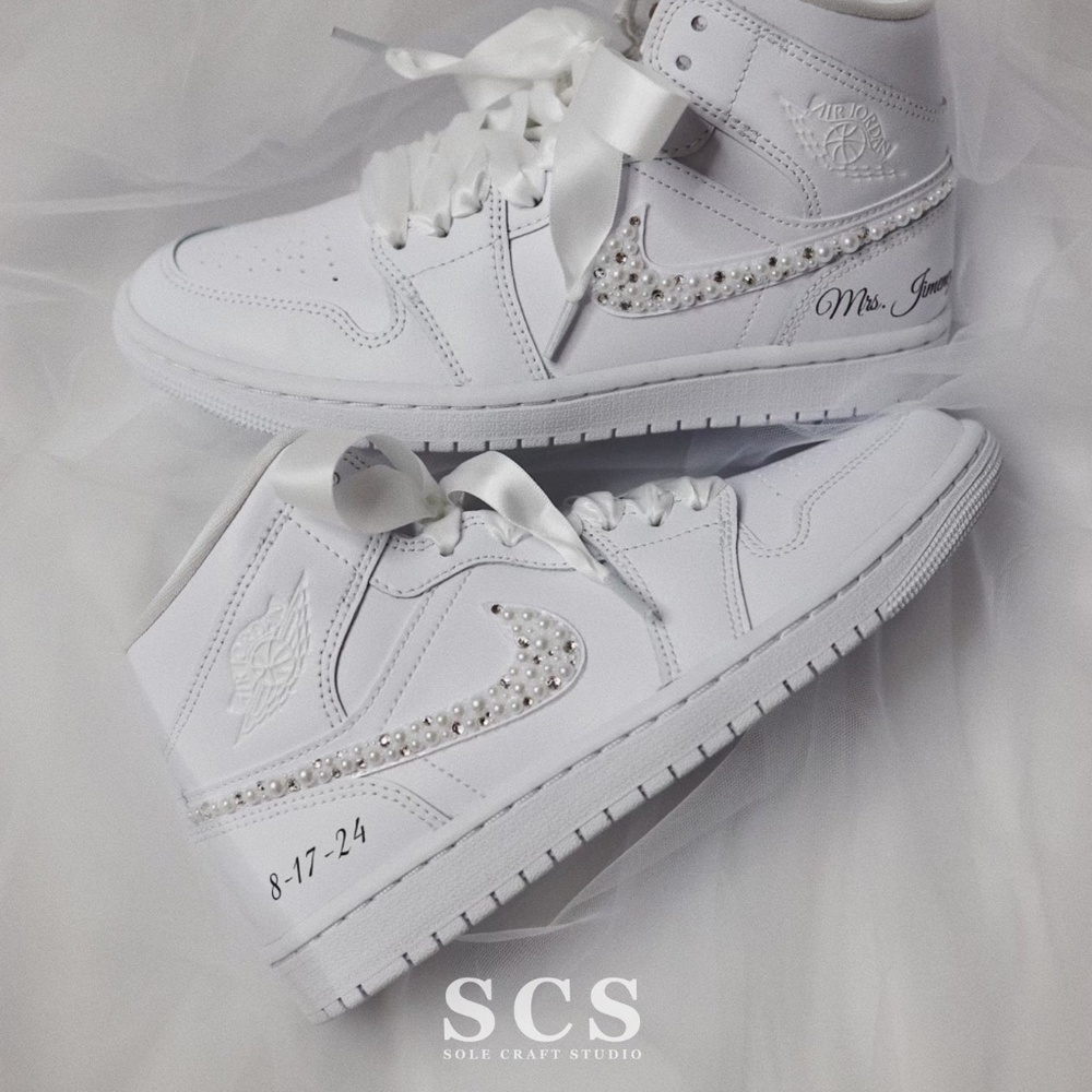 Wedding Sneakers for Bride Personalized Jordan 1 Mid with Rhinestones & Pearls